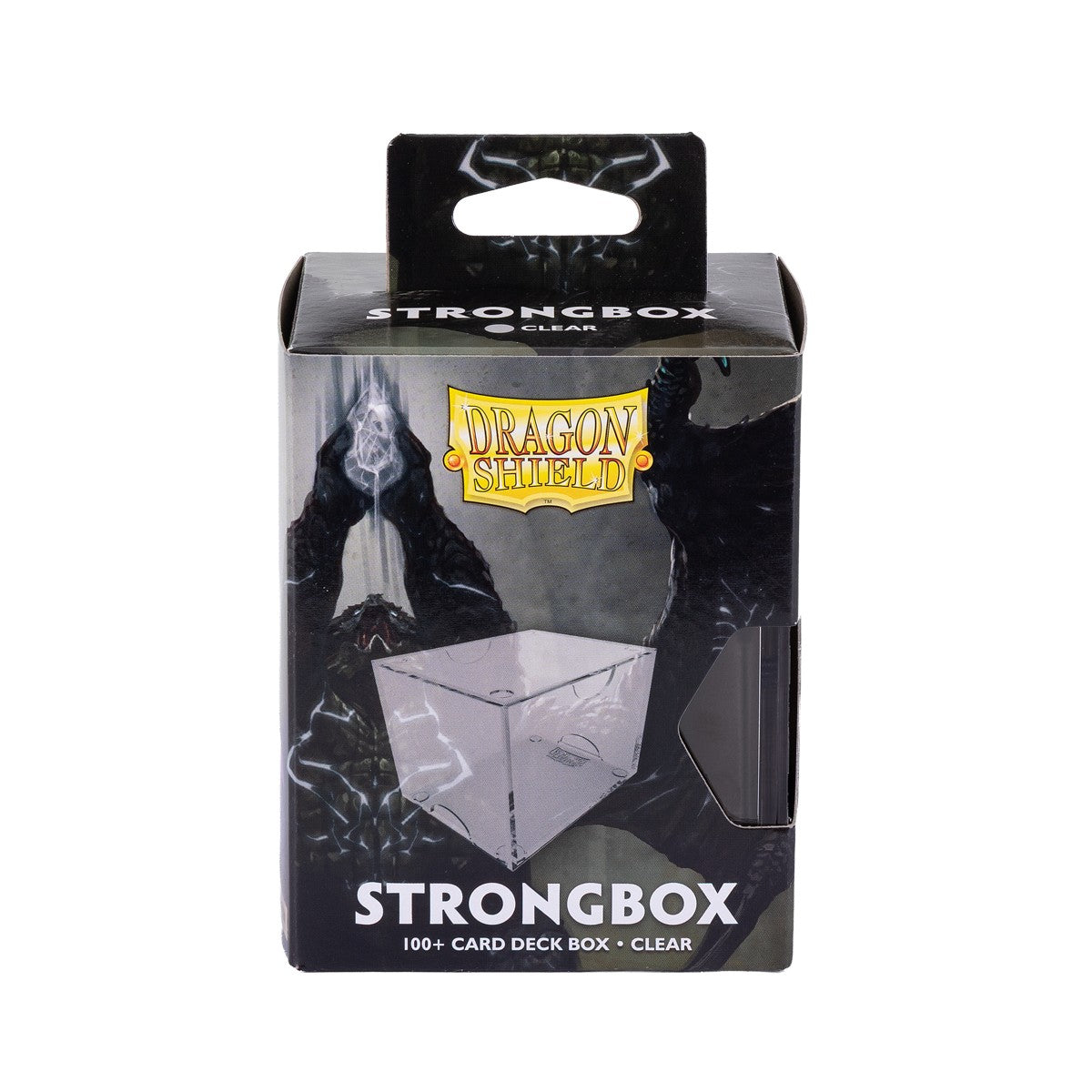 Dragon Shield 100+ Strongbox - Clear (PREORDER) - Black rectangular box with clear plastic window showing transparent card deck box inside, Dragon Shield logo on top.