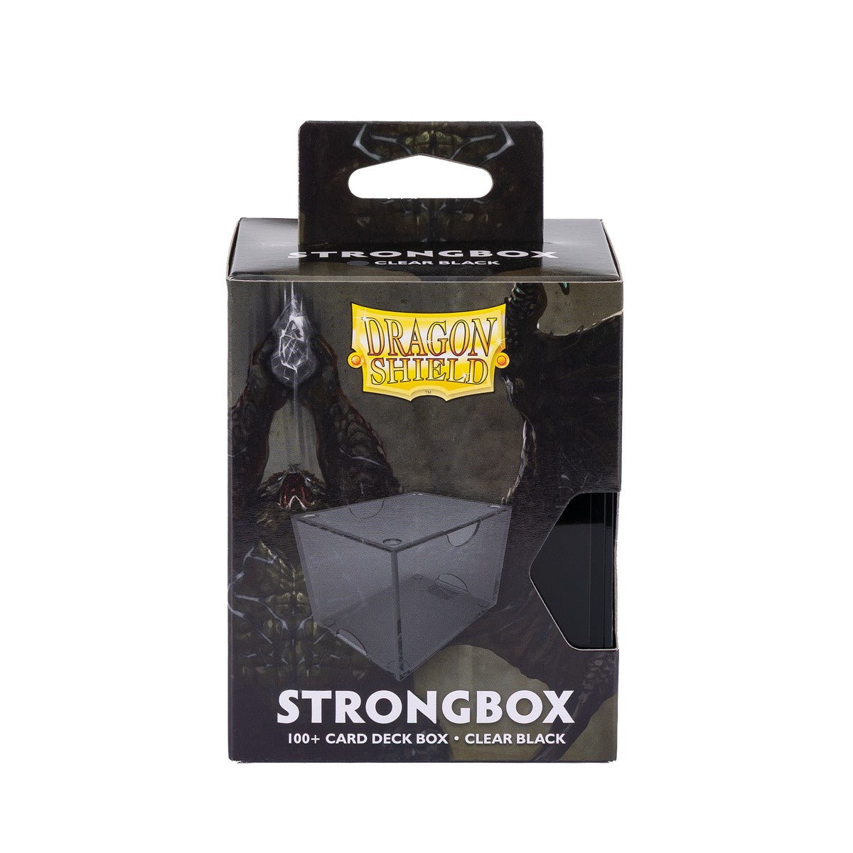 Dragon Shield 100+ Strongbox - Clear Black (PREORDER) - Clear black translucent rectangular deck box with lift-off lid, packaged in black Dragon Shield branded box.