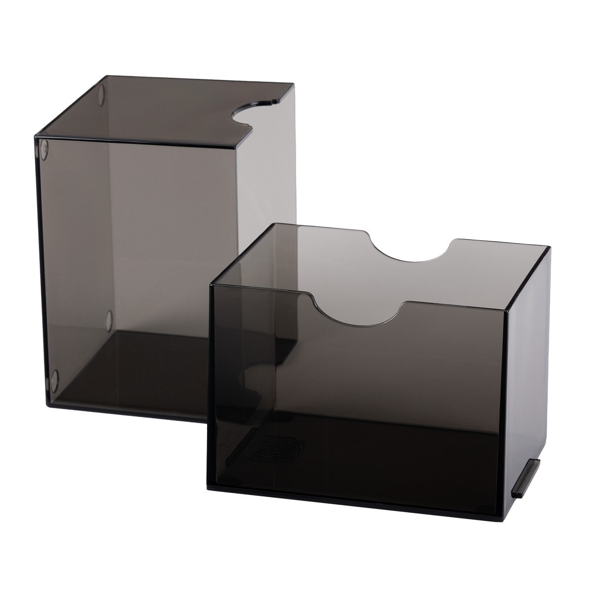 Dragon Shield 100+ Strongbox - Clear Black (PREORDER) - Two clear black rectangular plastic deck boxes with cut-out finger grips, designed to hold 100+ cards each.