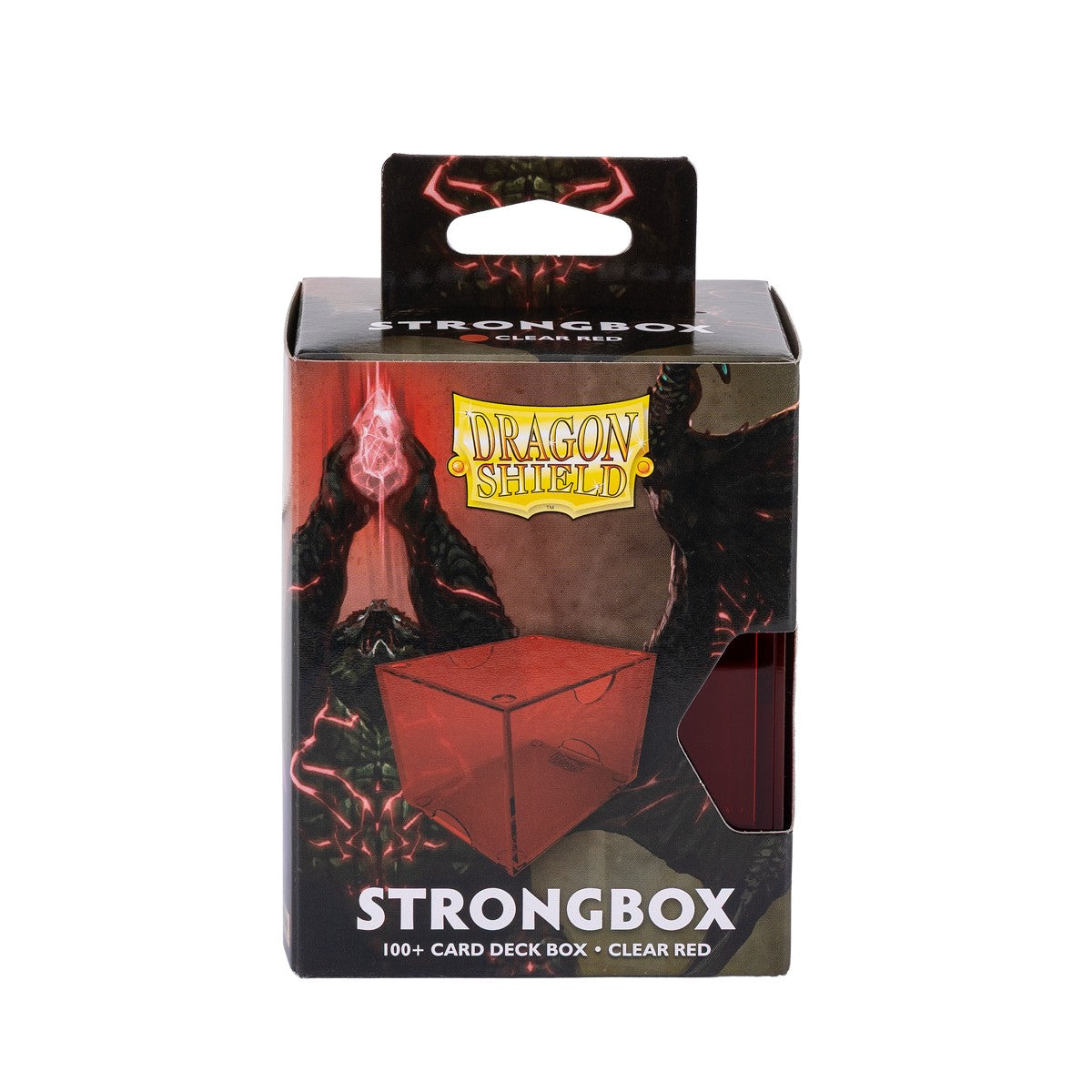 Dragon Shield 100+ Strongbox - Clear Red (PREORDER) - Clear red rectangular deck box with reinforced edges inside black and red Dragon Shield packaging box.