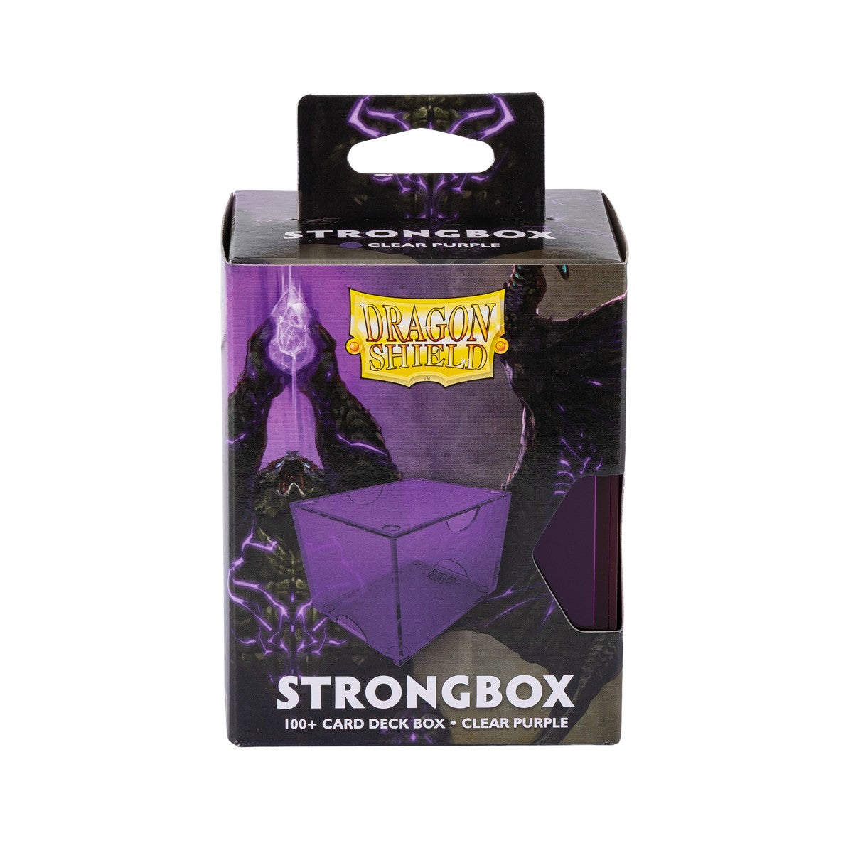 Dragon Shield 100+ Strongbox - Clear Purple (PREORDER) - Clear purple plastic deck box with secure lid, designed for holding 100+ cards, branded Dragon Shield Strongbox.