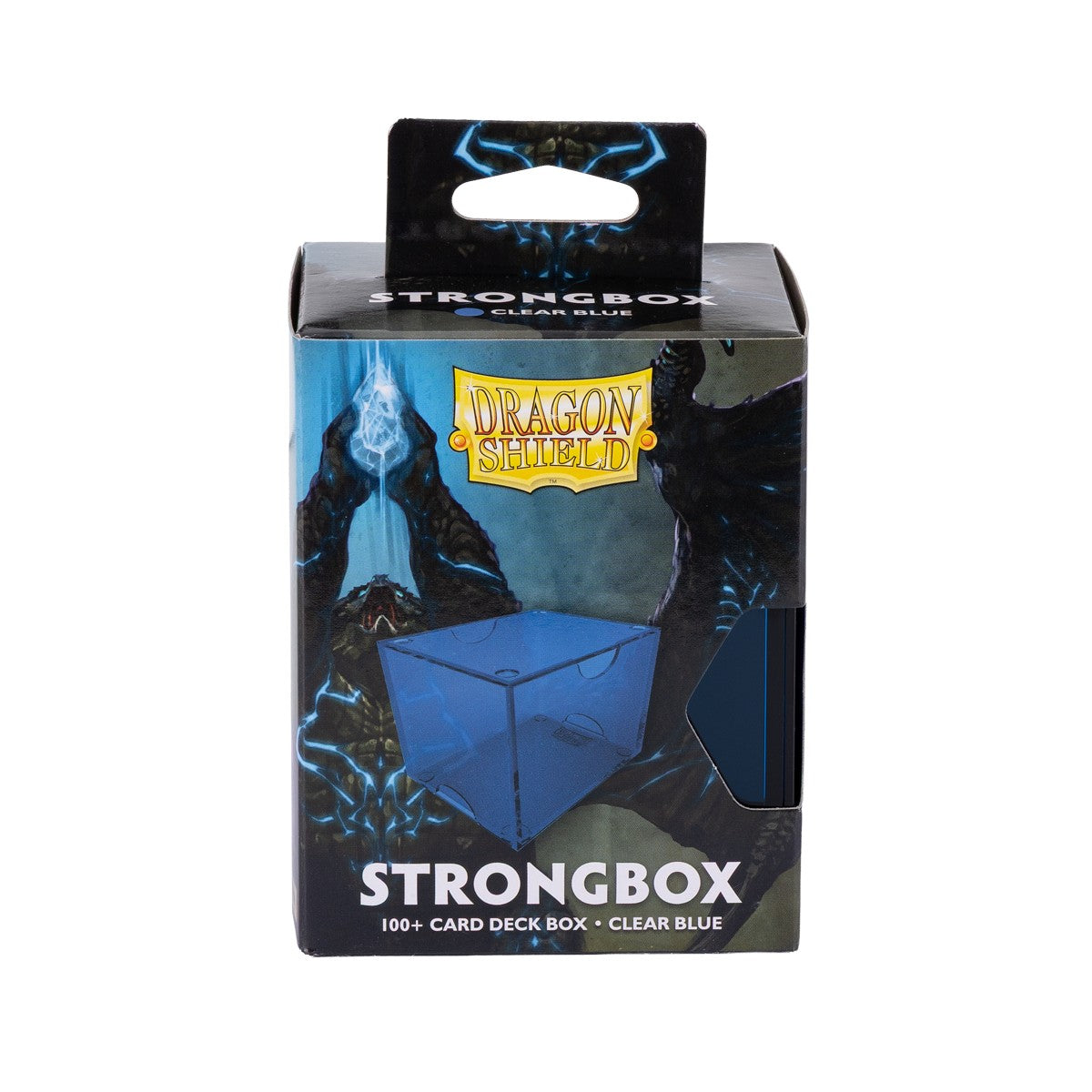 Dragon Shield 100+ Strongbox - Clear Blue (PREORDER) - Clear blue plastic deck box with a sturdy, angular design in compact rectangular packaging.