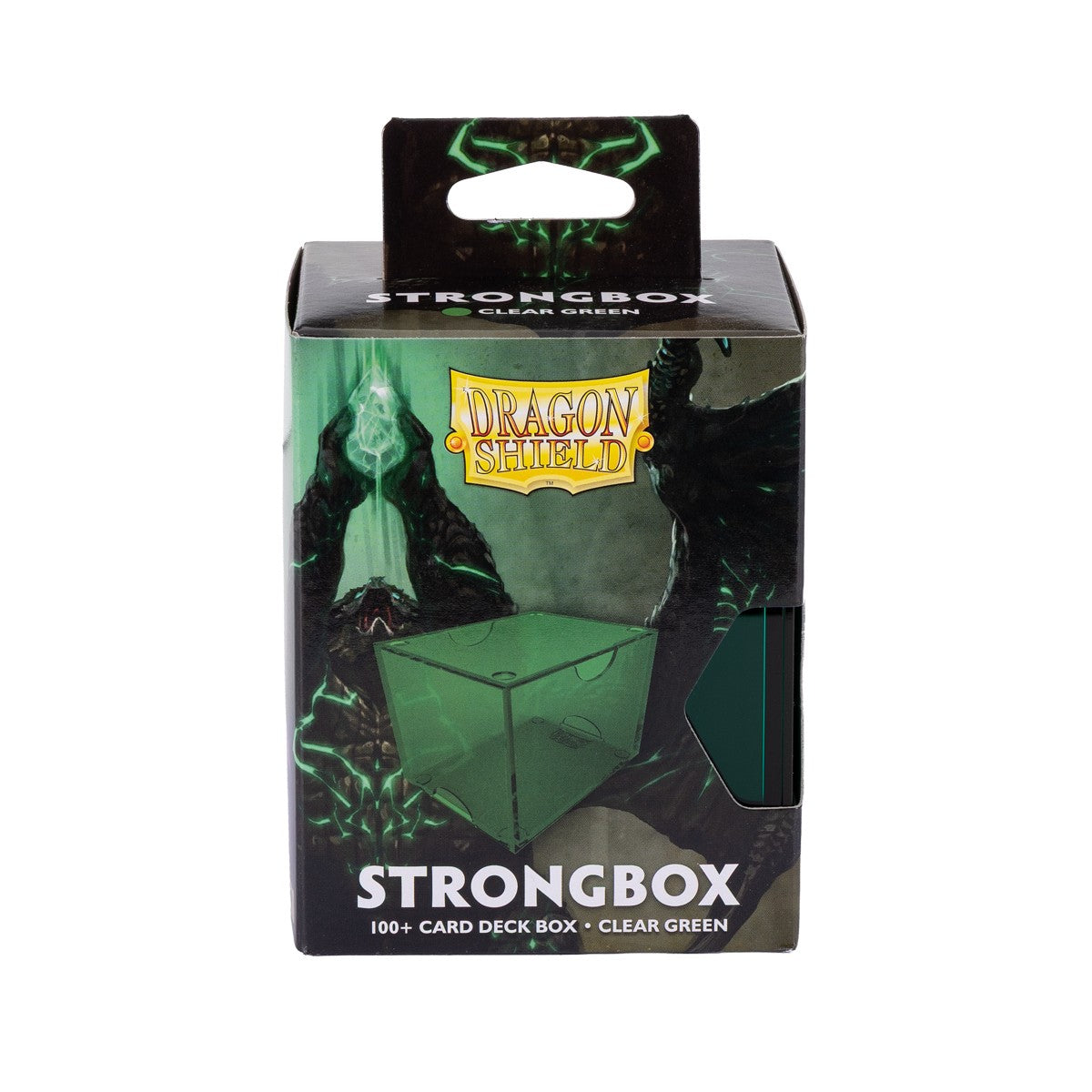 Dragon Shield 100+ Strongbox - Clear Green (PREORDER) - Clear green translucent plastic deck box with hinged lid, designed to hold 100+ cards, packaged in black Dragon Shield.