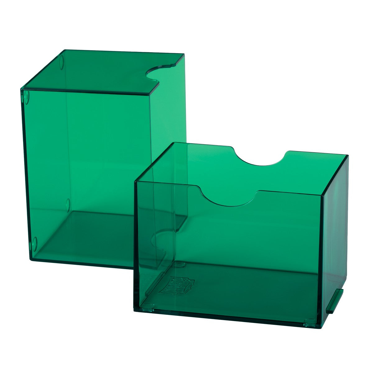 Dragon Shield 100+ Strongbox - Clear Green (PREORDER) - Clear green translucent plastic deck box set with square edges, two sizes, and notch openings.