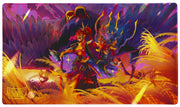Dragon Shield Playmat + Tube - The Fallen - Playmat featuring fiery warrior with dragon motifs in red, purple, and orange hues, with textured surface and rounded edges.