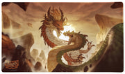 Dragon Shield Playmat: Year of the Wood Snake 2025 - Rectangular playmat featuring a detailed, fiery dragon intertwined with a green snake amid a smoky, earthy-toned background.