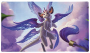 Dragon Shield Playmat: Spirit Dragon - The Whiskerwing - Purple and white winged dragon with orange eyes flying against a sky background on a rectangular playmat.
