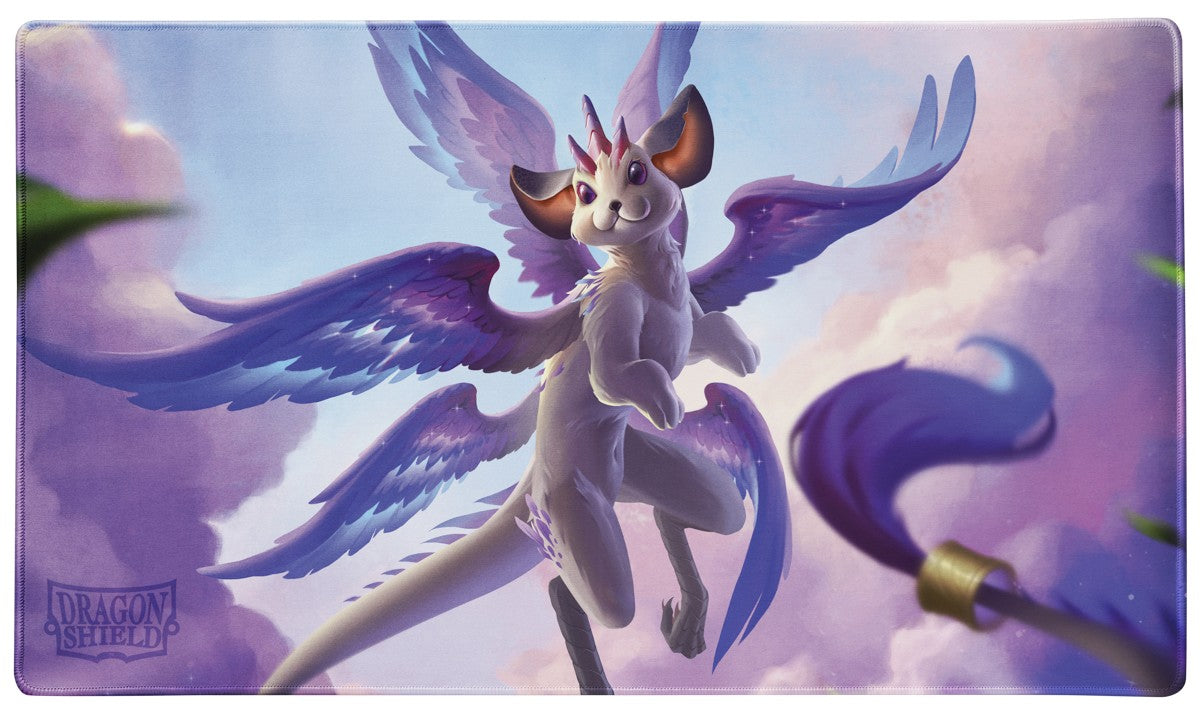 Dragon Shield Playmat: Spirit Dragon - The Whiskerwing - Purple and white winged dragon with orange eyes flying against a sky background on a rectangular playmat.