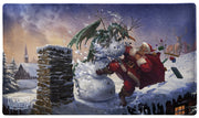 Dragon Shield Playmat + Tube: Christmas 2025 - Christmas-themed playmat featuring Santa battling a green dragon atop snowy rooftops under a starry night sky.