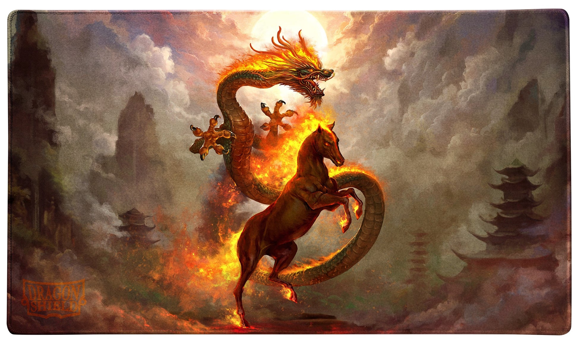 Dragon Shield Playmat: Lunar New Year 2026 - Fire Horse - Rectangular playmat with vibrant fiery horse and dragon artwork in warm orange and red tones, mystical mountain landscape.