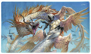 Dragon Shield Playmat + Tube - The Ejsingandr - Fantasy-themed playmat featuring two detailed dragons in white and gold tones, dynamic flying pose, blue sky background.