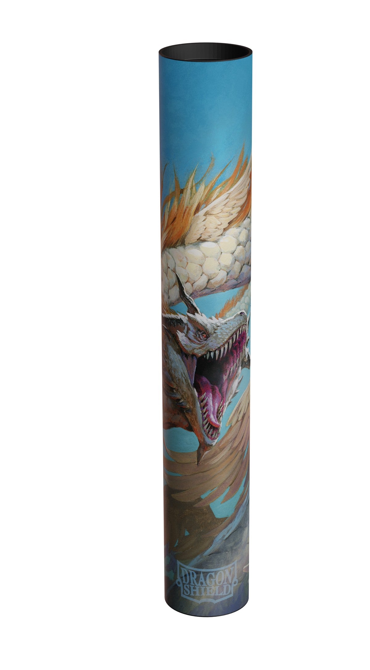 Dragon Shield Playmat + Tube - The Ejsingandr - Cylindrical blue storage tube with detailed dragon artwork featuring scales and open mouth design.