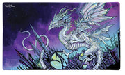 Dragon Shield Playmat: The Justhera (PREORDER) - Purple and black rectangular playmat featuring a detailed white dragon with wings among jagged rocks and glowing orbs.