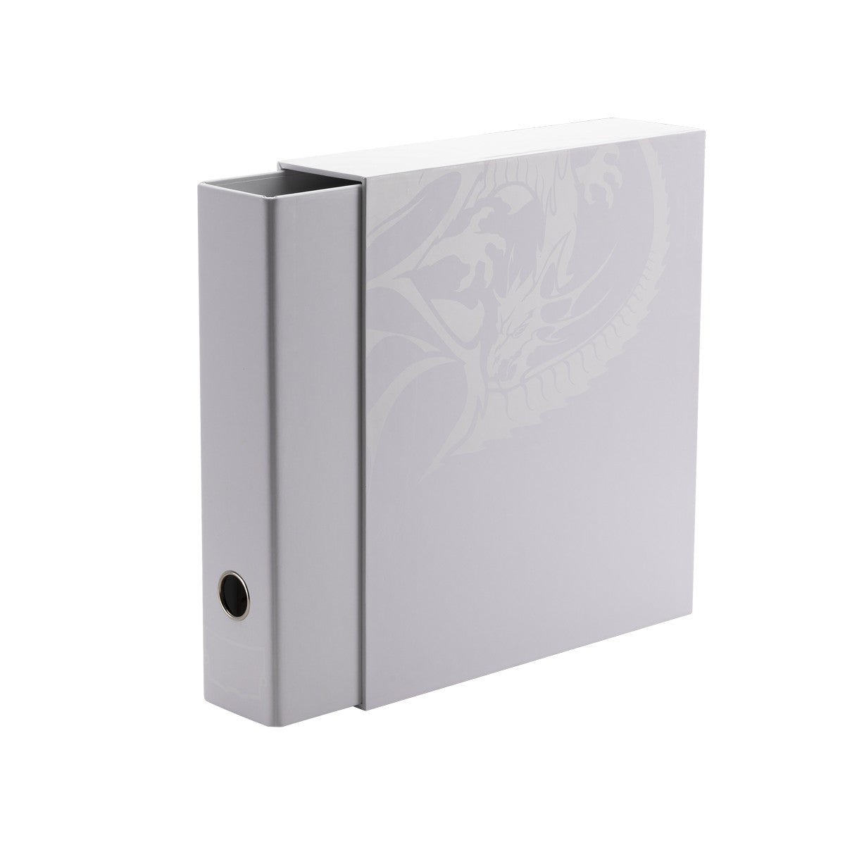 Dragon Shield Storage - Sanctuary Slipcase Binder - White - White slipcase binder with subtle embossed dragon design and black circular thumb hole on spine.