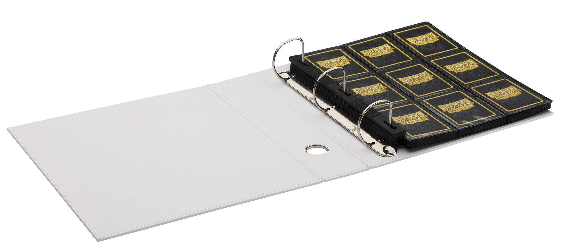 Dragon Shield Storage - Sanctuary Slipcase Binder - White - White slipcase binder with three metal rings, black interior cover featuring gold rectangular patterns.