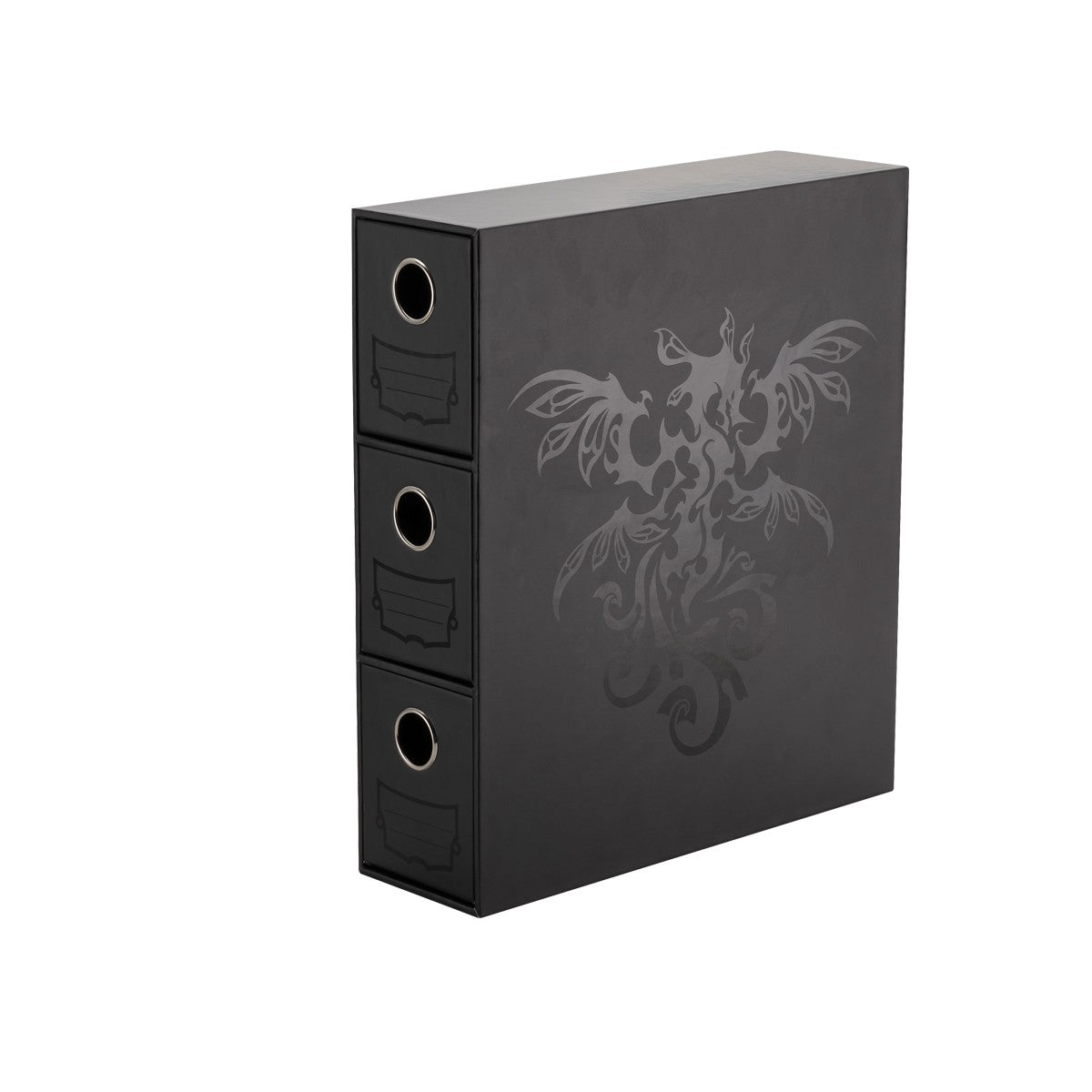 Dragon Shield Storage - Fortress Card Drawers - Black - Black rectangular card storage box with three drawers, each featuring a circular finger hole, and a subtle embossed dragon.