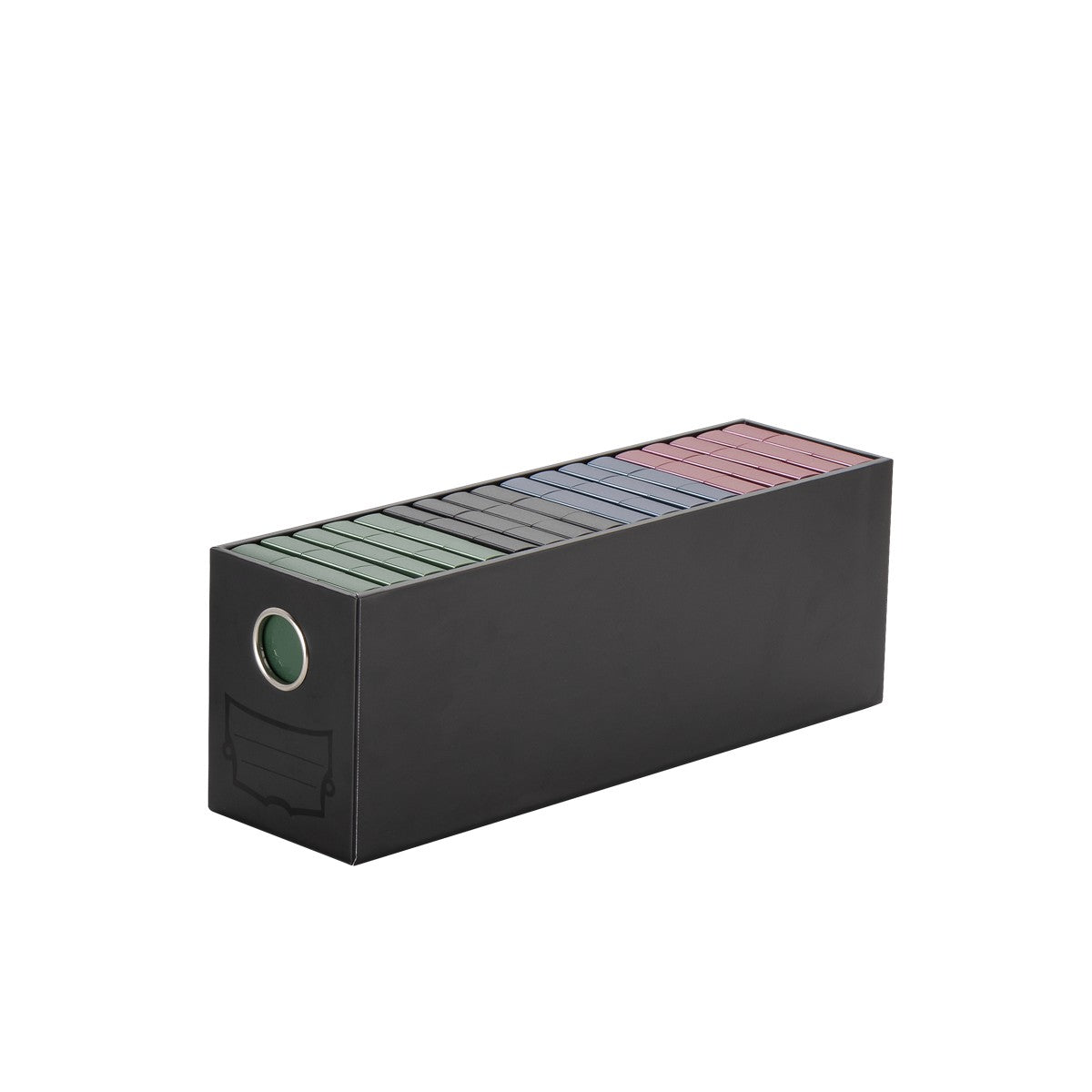 Dragon Shield Storage - Fortress Card Drawers - Black - Black rectangular card storage box with circular metal handle and multiple colorful card drawers inside.