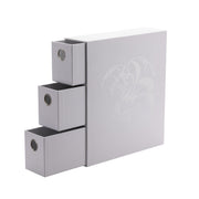 Dragon Shield Storage - Fortress Card Drawers - White - White rectangular card storage box with three pull-out drawers and embossed dragon design on the front.
