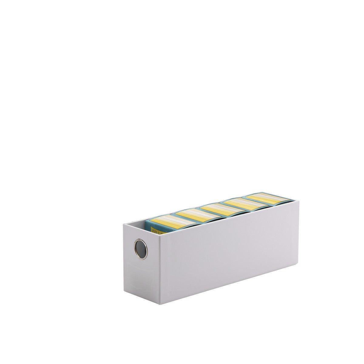 Dragon Shield Storage - Fortress Card Drawers - White - White rectangular card storage box with a circular metal handle and cards visible inside.