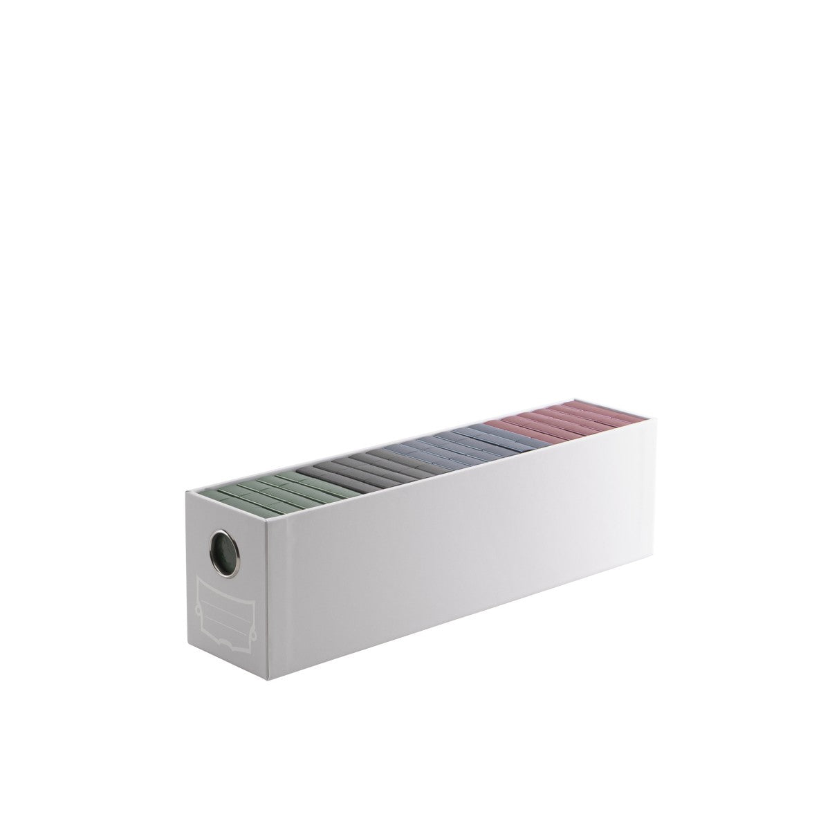 Dragon Shield Fortress Vertical 3 Drawer Card Storage - White (PREORDER) - White rectangular vertical card storage box with three labeled drawers and circular finger hole on front panel.