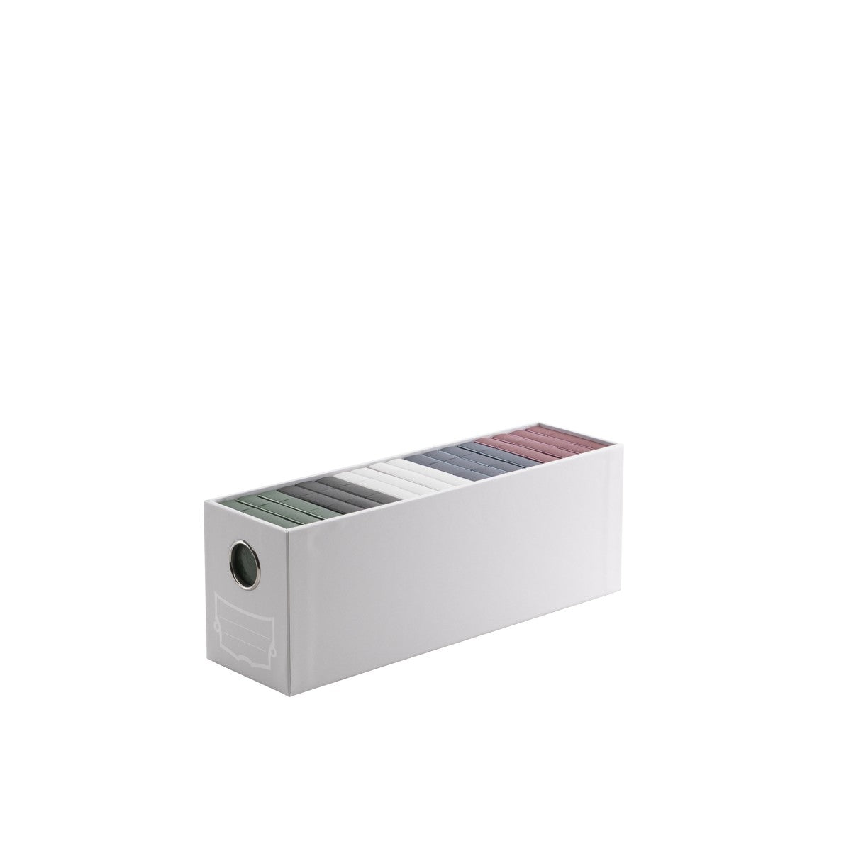 Dragon Shield Fortress 1 Card Drawer - White (PREORDER) - White rectangular card storage box with circular grip hole on side, holding multiple card decks with different colored backs.