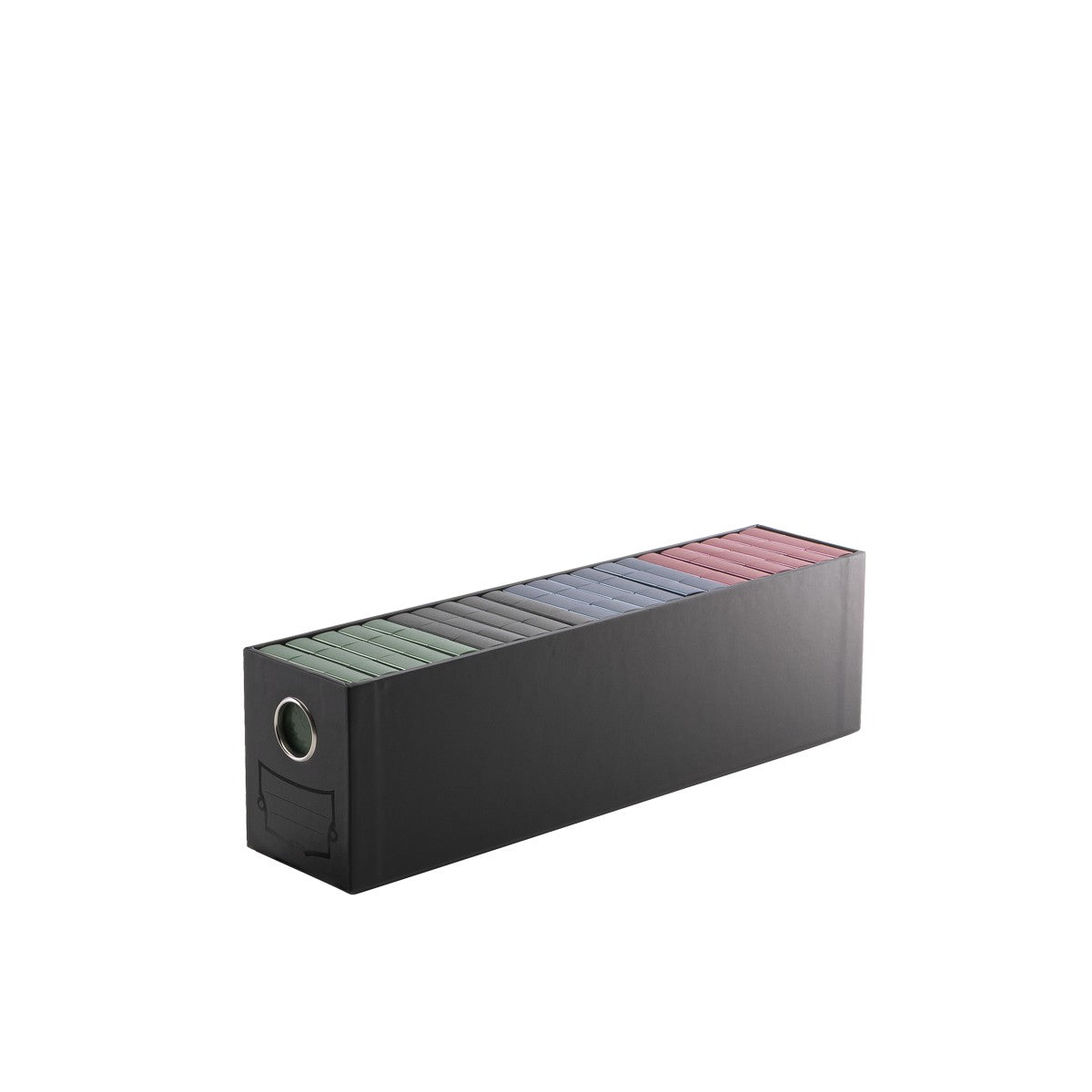 Dragon Shield Fortress Vertical 3 Drawer Card Storage - Black (PREORDER) - Black vertical card storage box with three colored drawers in green, blue, and red, featuring a metal circular finger hole.