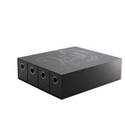 Dragon Shield Fortress 4 Drawer Card Storage - Black (PREORDER) - Black rectangular card storage box with four pull-out drawers, each featuring circular finger holes, and a subtle dragon.