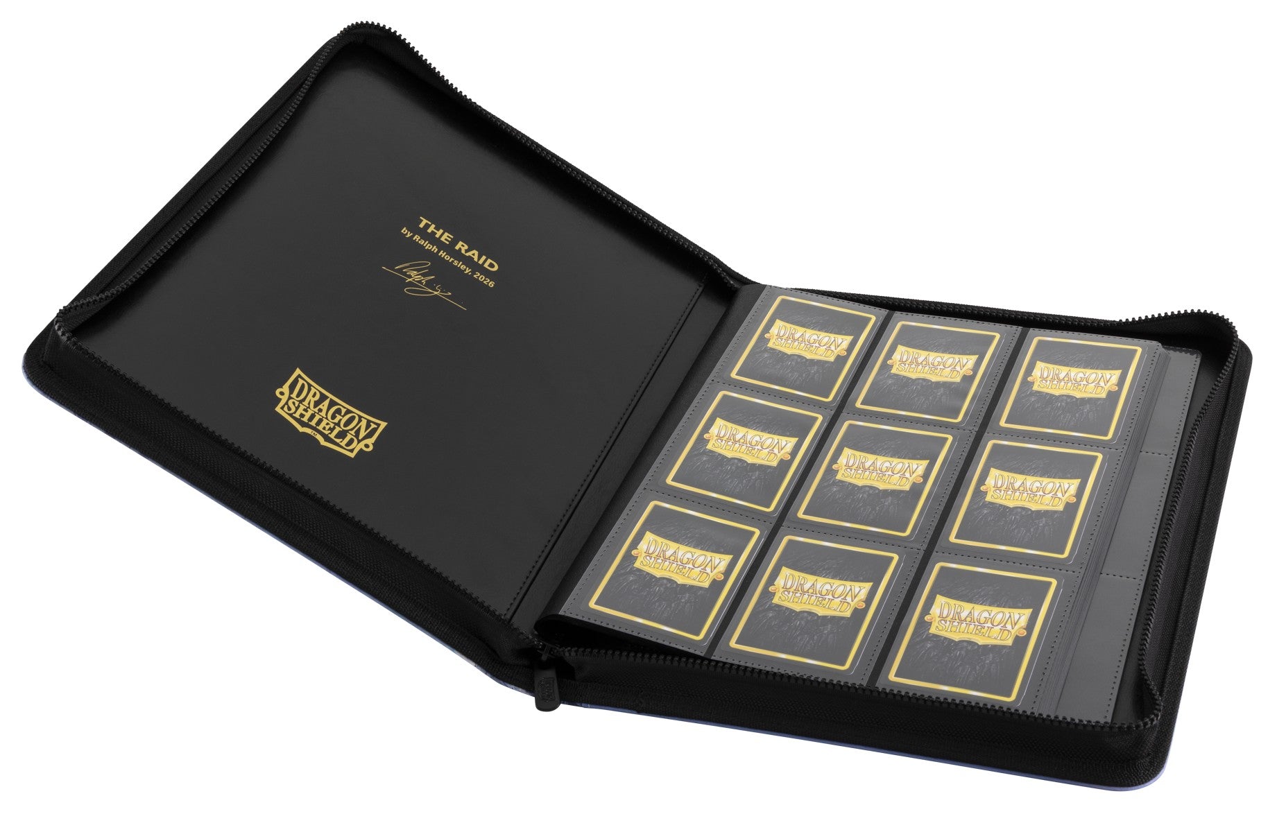 Dragon Shield Zipster Binder - The Raid (PREORDER) - Black zippered binder with nine transparent card sleeves filled with nine golden-bordered cards arranged in a 3x3 grid.