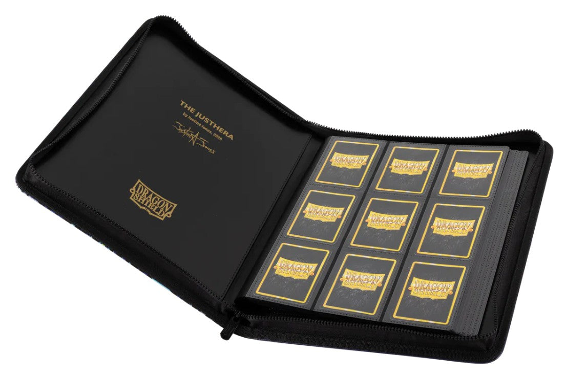 Dragon Shield Art Zipster 360 Binder: Vivid - The Justhera (PREORDER) - Black zip-around binder with gold-accented card sleeves and smooth textured cover.