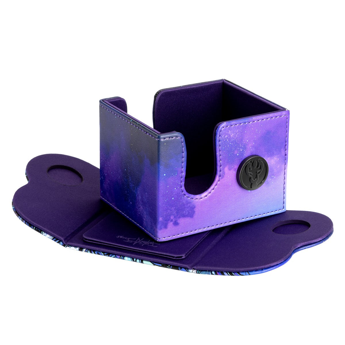 Dragon Shield Dragon Lock System 100+ Dragon Box: The Justhera (PREORDER) - Purple and blue gradient card storage box with black emblem and fold-out flap closure.