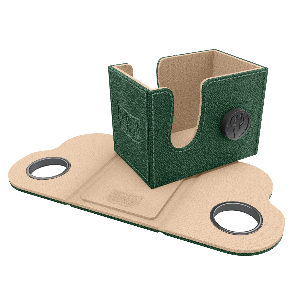 Dragon Shield Dragon Lock System: Deck Box 80+ - Green & Sand (PREORDER) - Green textured deck box with sand-colored interior, black circular latches, designed to hold 80+ cards securely.