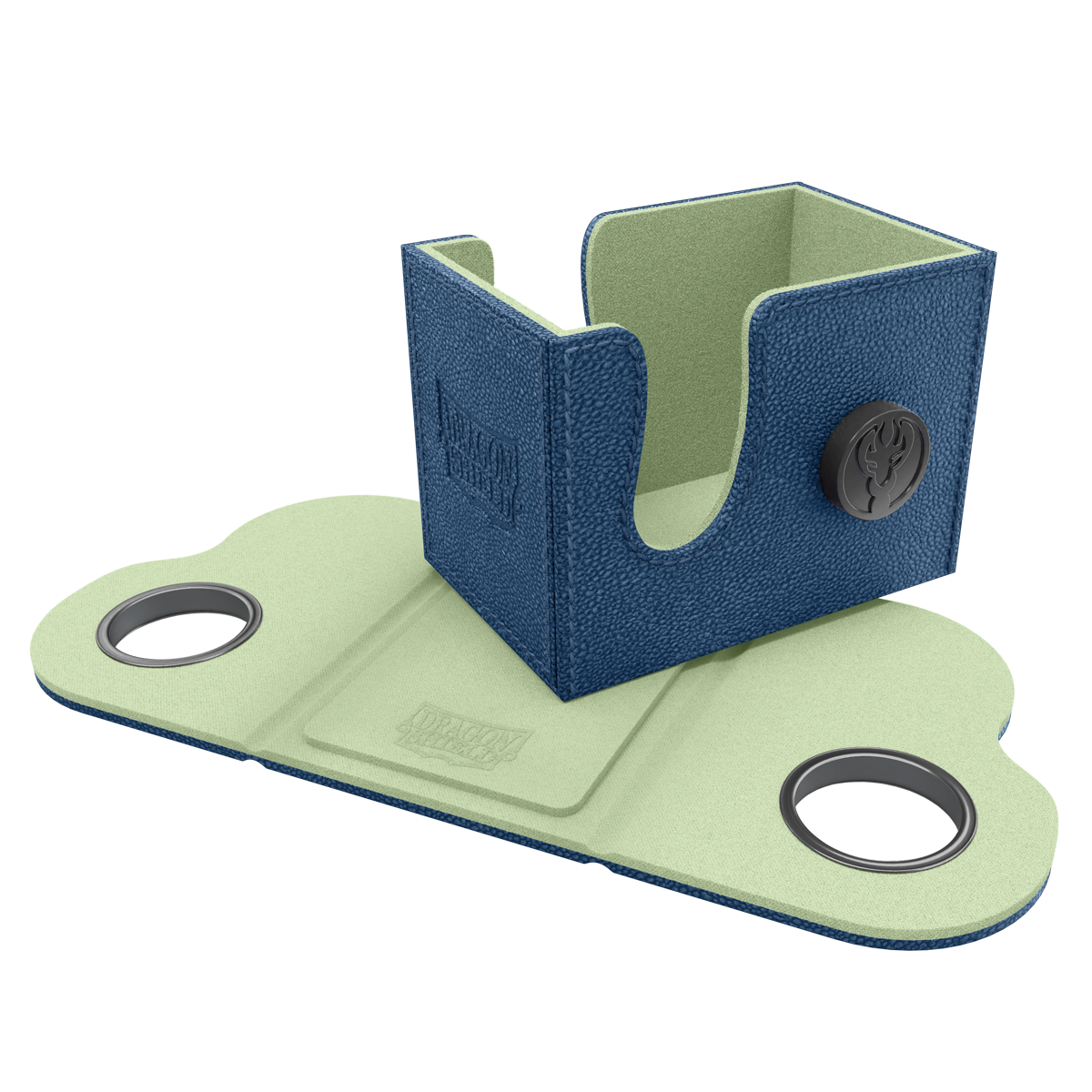 Dragon Shield Dragon Lock System: Deck Box 80+ - Blue & Mint (PREORDER) - Blue textured rectangular card deck box with mint interior and circular black Dragon Shield logos on sides and base flap.