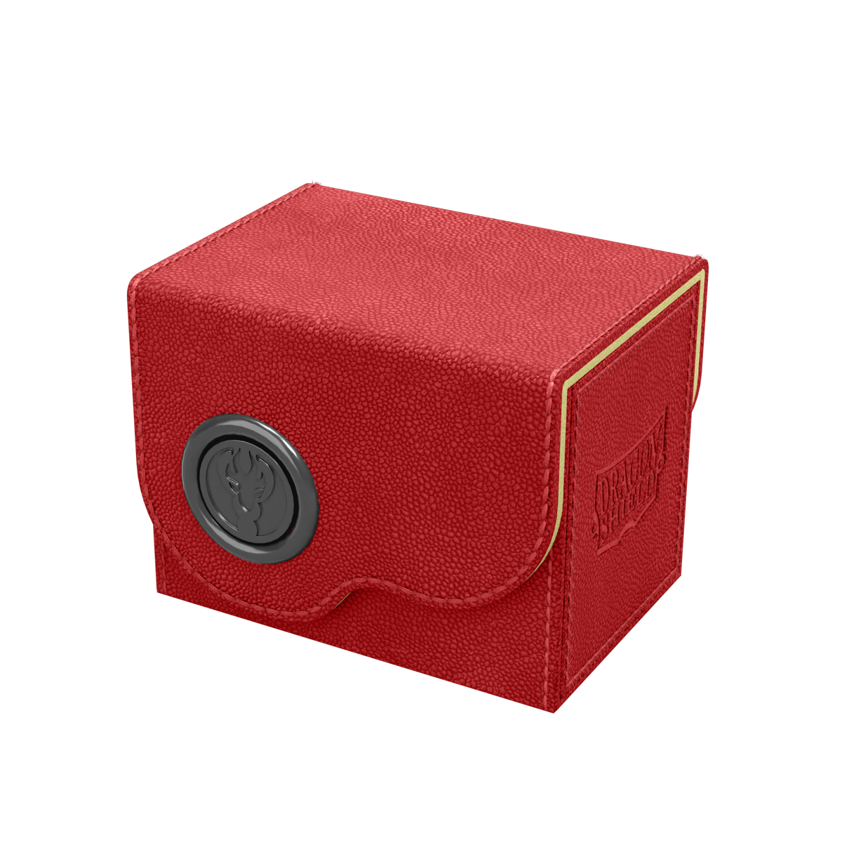 Dragon Shield Dragon Lock System: Deck Box 80+ - Red & Lemon (PREORDER) - Red textured rectangular deck box with rounded flap and lemon yellow trim, black circular dragon emblem on front.