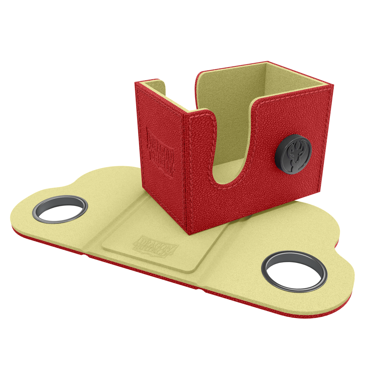 Dragon Shield Dragon Lock System: Deck Box 80+ - Red & Lemon (PREORDER) - Red and lemon faux leather deck box with black locking buttons, designed to hold 80+ cards.