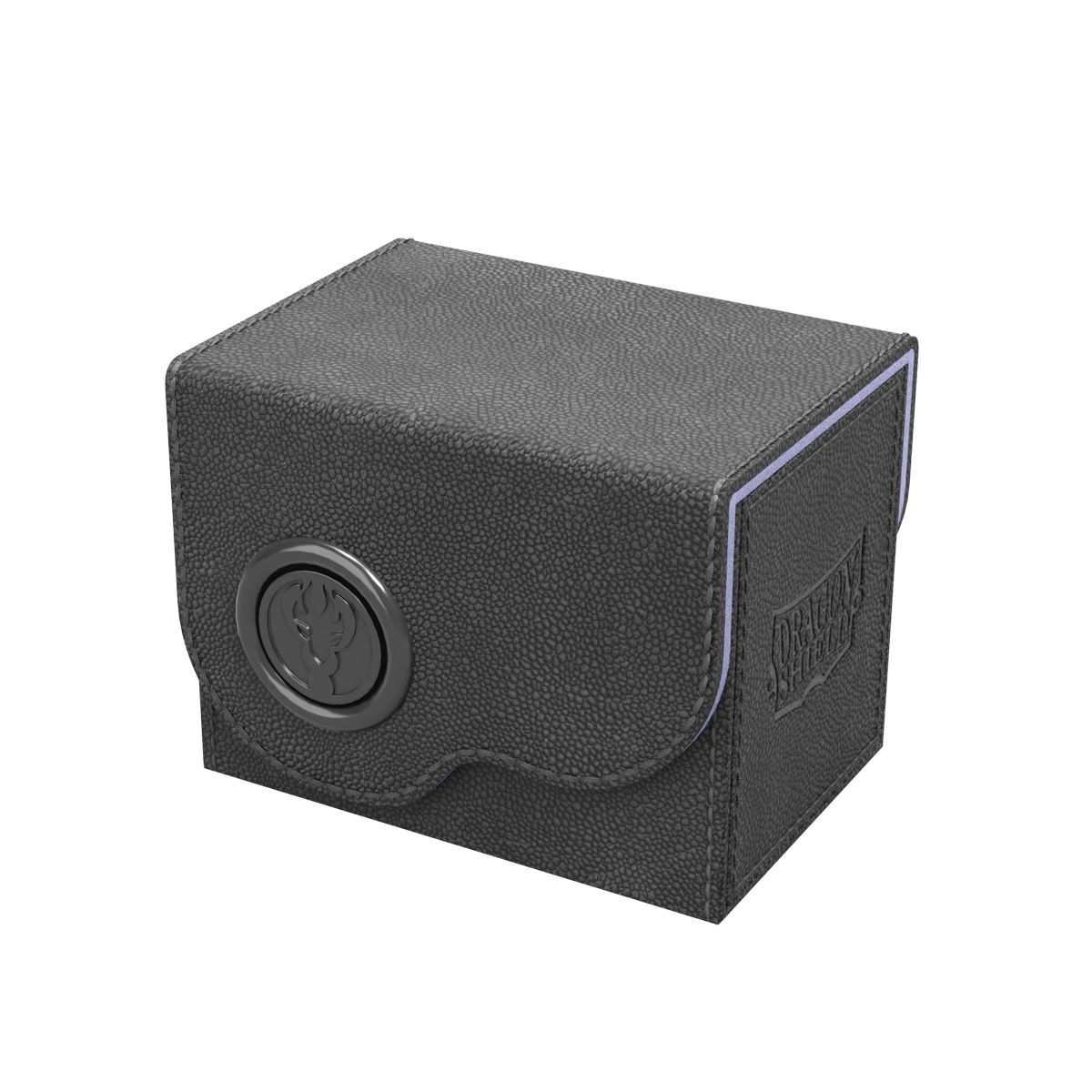 Dragon Shield Dragon Lock System: Deck Box 80+ - Black & Lilac (PREORDER) - Black textured rectangular deck box with lilac edge trim and embossed circular Dragon Shield logo on front flap.