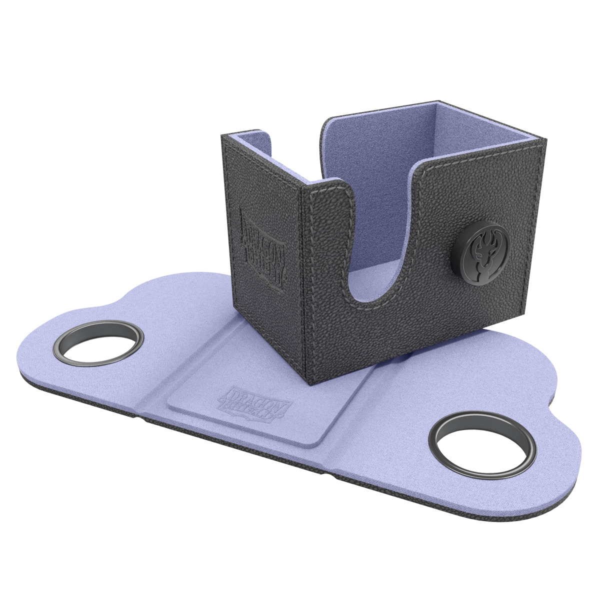Dragon Shield Dragon Lock System: Deck Box 80+ - Black & Lilac (PREORDER) - Black textured deck box with lilac interior and fold-out lilac playmat featuring two circular cup holders.