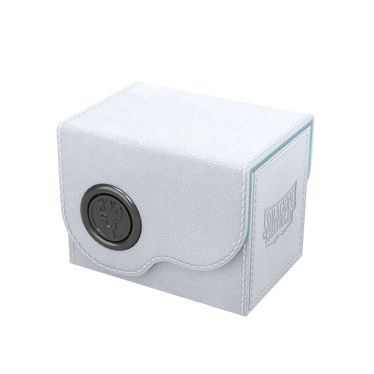 Dragon Shield Dragon Lock System: Deck Box 80+ - White & Aqua (PREORDER) - White rectangular card deck box with aqua accent lining and black circular emblem on front flap.