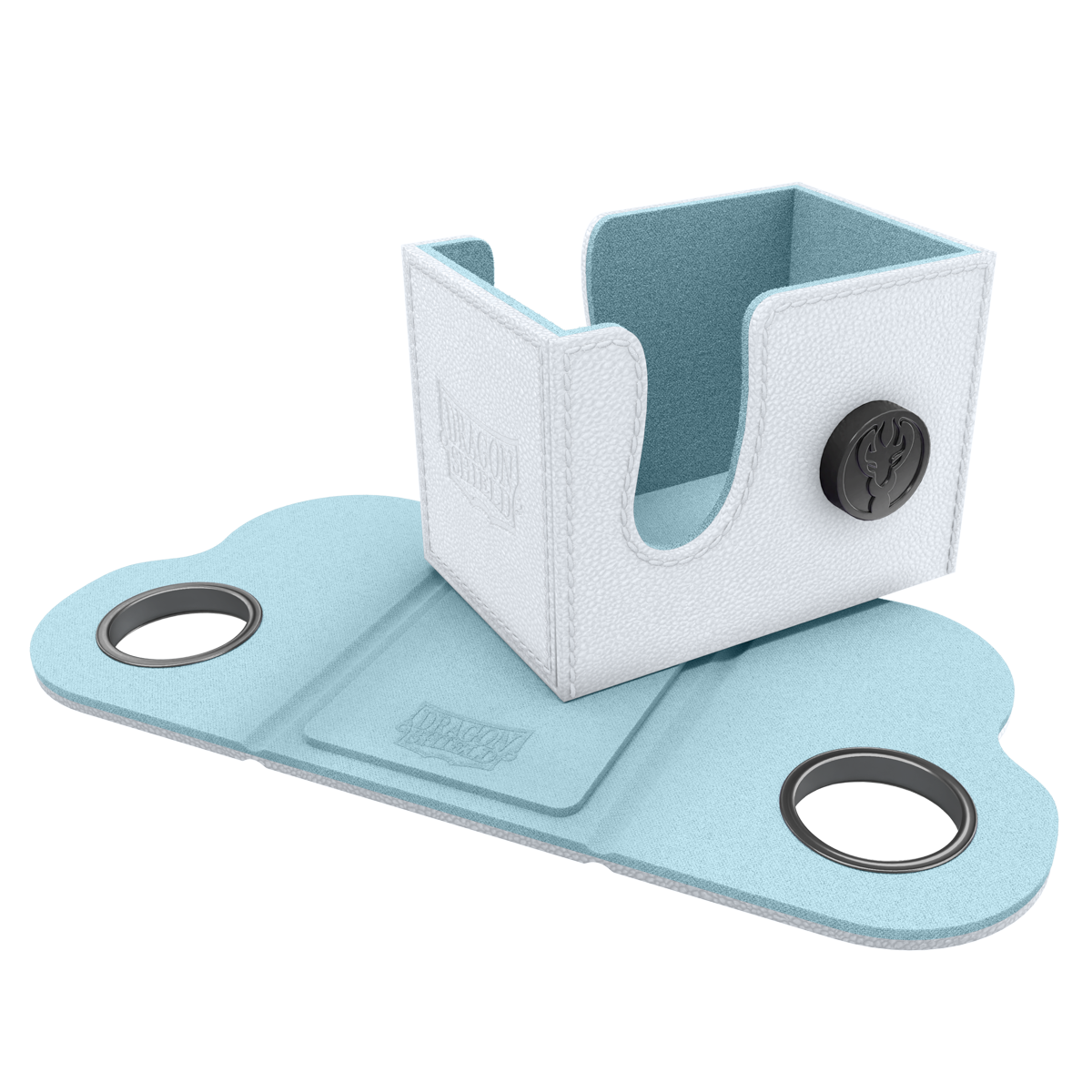 Dragon Shield Dragon Lock System: Deck Box 80+ - White & Aqua (PREORDER) - White and aqua leather Dragon Shield deck box with black lock buttons and fold-out base tray.