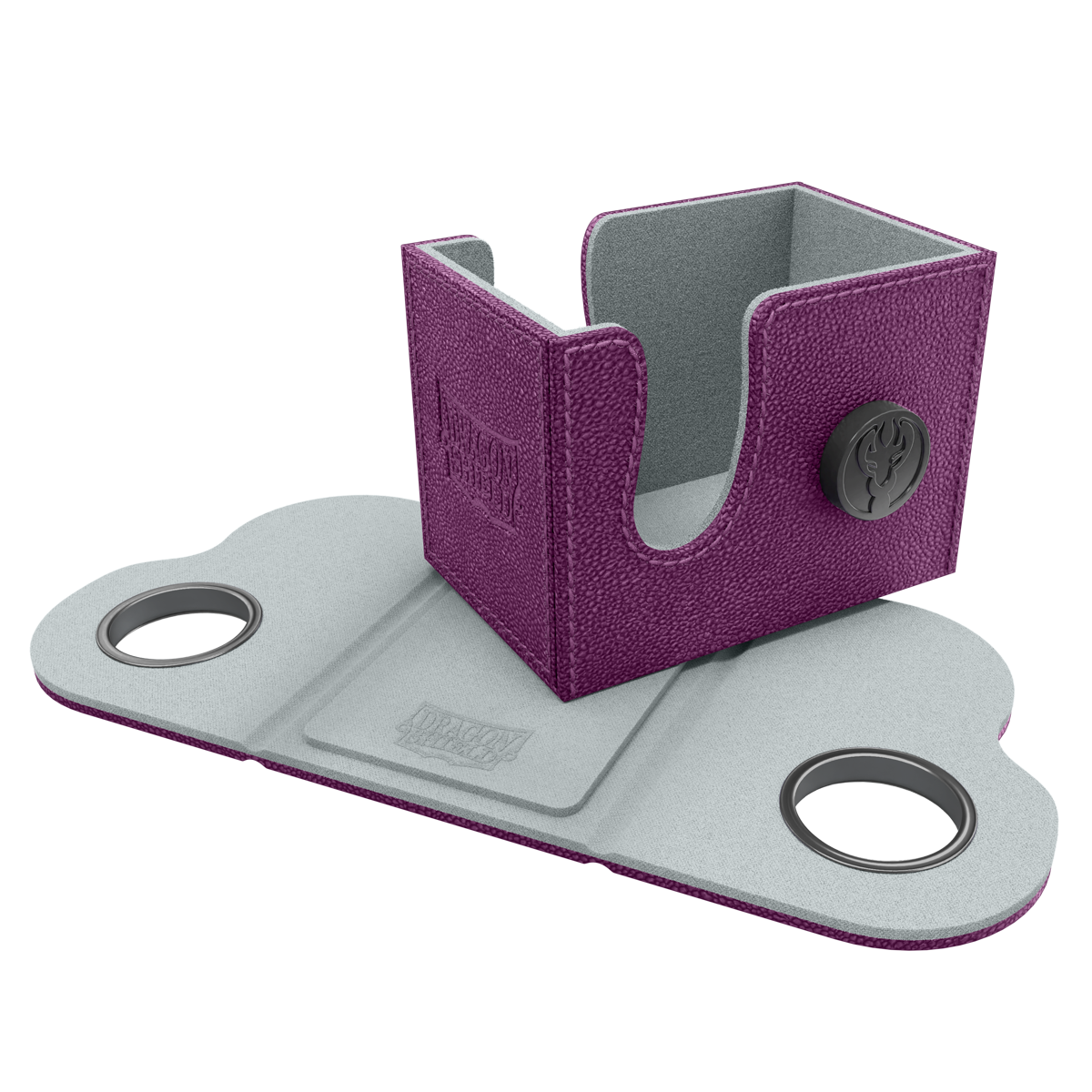 Dragon Shield Dragon Lock System: Deck Box 80+ - Purple & Frost (PREORDER) - Purple textured rectangular deck box with gray interior and fold-out base featuring circular cutouts and black Dragon Shield