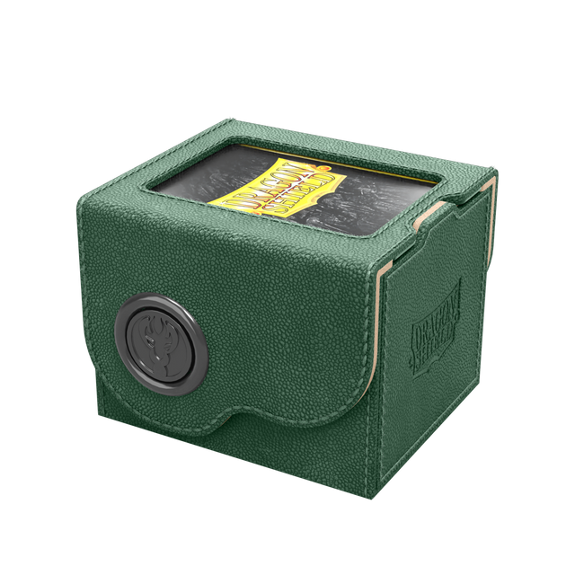 Dragon Shield Dragon Lock System: Deck Box 100+ - Green & Sand (PREORDER) - Green textured deck box with black circular lock and tan accents, rectangular shape for card storage.