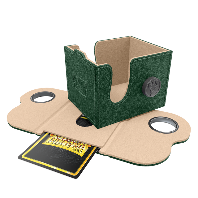 Dragon Shield Dragon Lock System: Deck Box 100+ - Green & Sand (PREORDER) - Green textured leatherette deck box with sand-colored interior and fold-out flap featuring two circular locking mechanisms,.