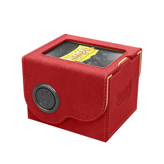 Dragon Shield Dragon Lock System: Deck Box 100+ - Red & Lemon (PREORDER) - Red rectangular card deck box with textured surface, clear top window, and black circular emblem on front.