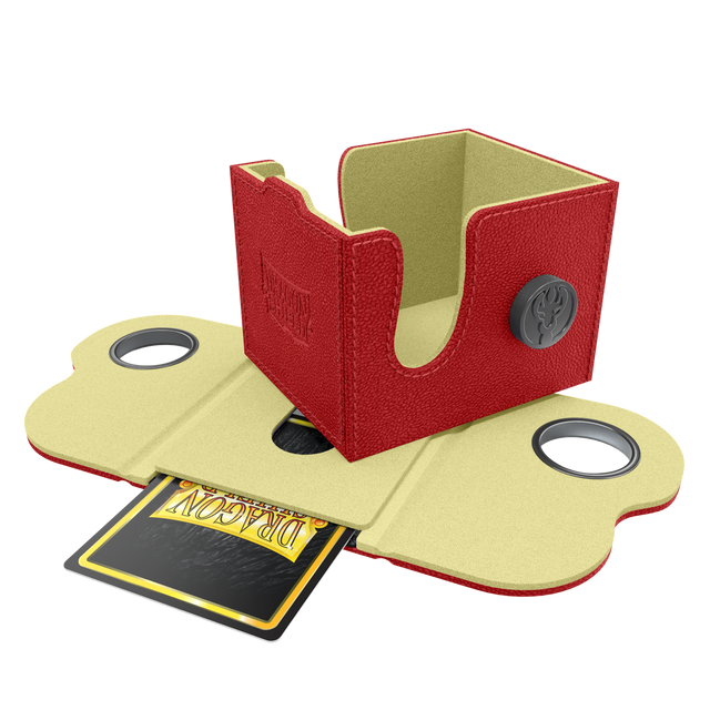 Dragon Shield Dragon Lock System: Deck Box 100+ - Red & Lemon (PREORDER) - Red textured card deck box with lemon interior and secure black locking system.