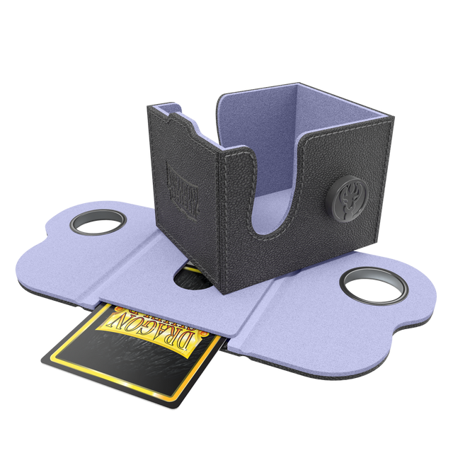 Dragon Shield Dragon Lock System: Deck Box 100+ - Black & Lilac (PREORDER) - Black and lilac rectangular deck box with foldable flaps and textured finish, open to show interior compartments.