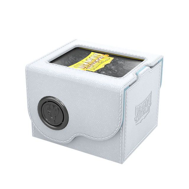 Dragon Shield Dragon Lock System: Deck Box 100+ - White & Aqua (PREORDER) - White synthetic leather deck box with aqua trim, black circular lock, and embossed Dragon Shield logo, designed to hold 100+