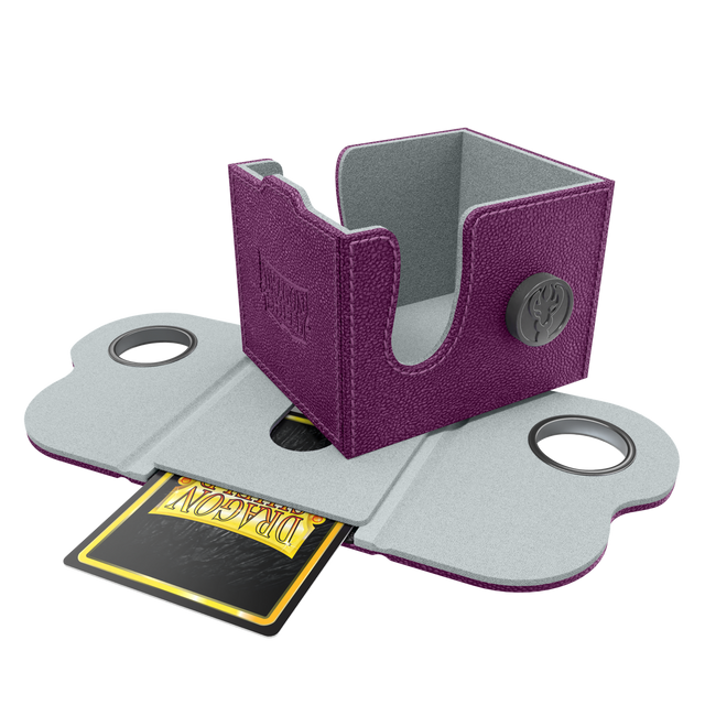 Dragon Shield Dragon Lock System: Deck Box 100+ - Purple & Frost (PREORDER) - Purple textured deck box with gray interior and fold-out lid designed to hold 100+ cards securely.