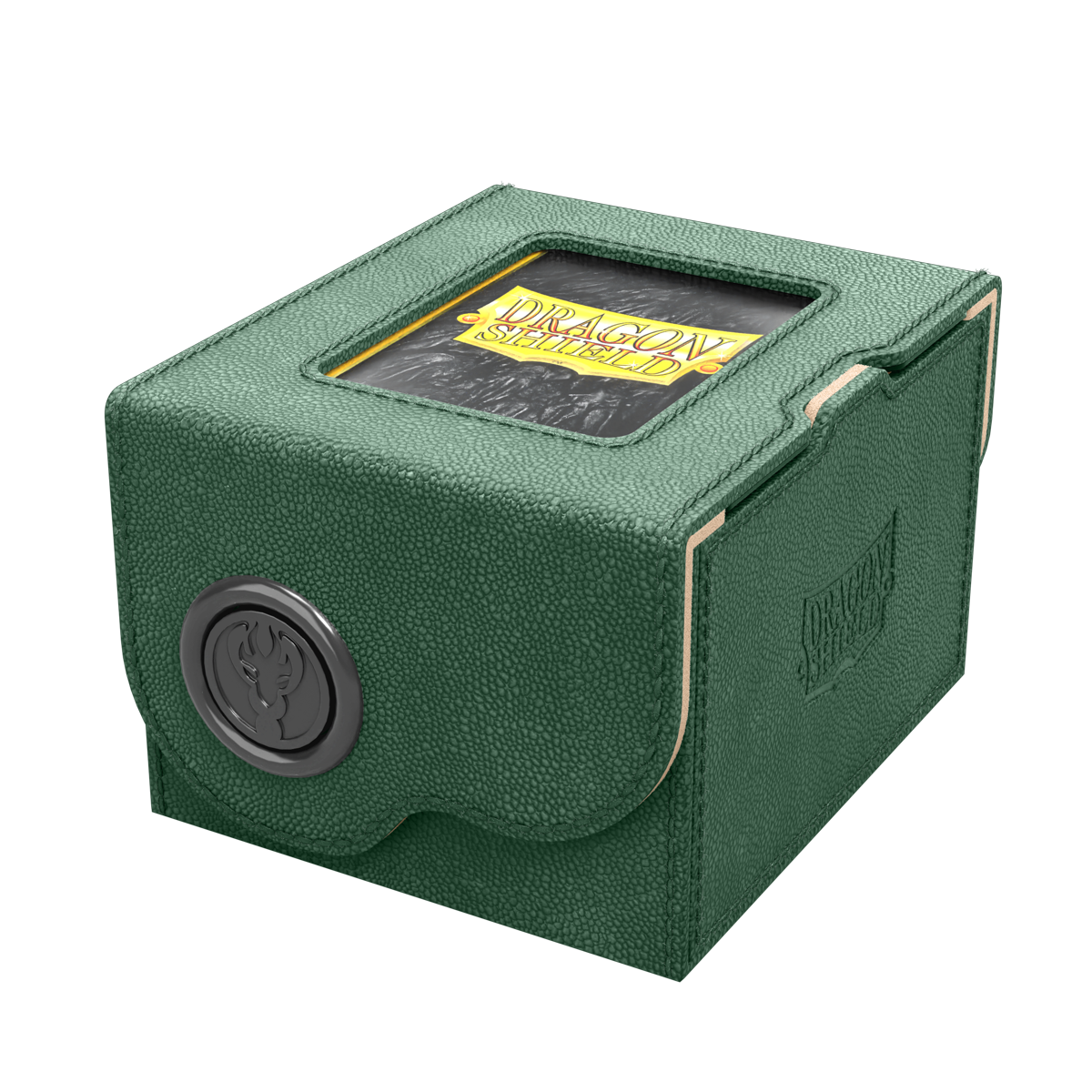 Dragon Shield Dragon Lock System: Deck Box 150+ - Green & Sand (PREORDER) - Green textured rectangular deck box with a black circular locking mechanism and a clear top window displaying a Dragon.
