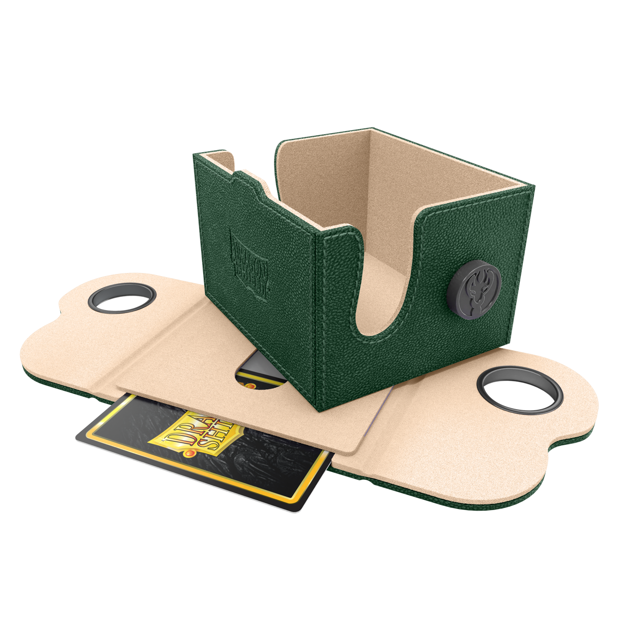 Dragon Shield Dragon Lock System: Deck Box 150+ - Green & Sand (PREORDER) - Green and sand rectangular deck box with textured finish and circular locking buttons, open to show card storage inside.