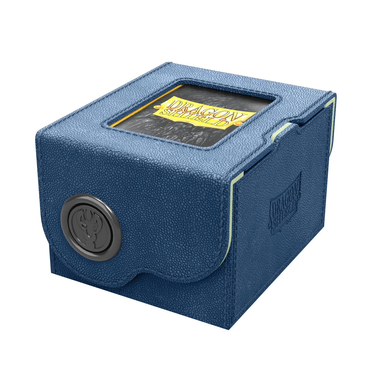 Dragon Shield Dragon Lock System: Deck Box 150+ - Blue & Mint (PREORDER) - Blue fabric-covered deck box with mint accents, transparent window on top, and round locking mechanism on front.