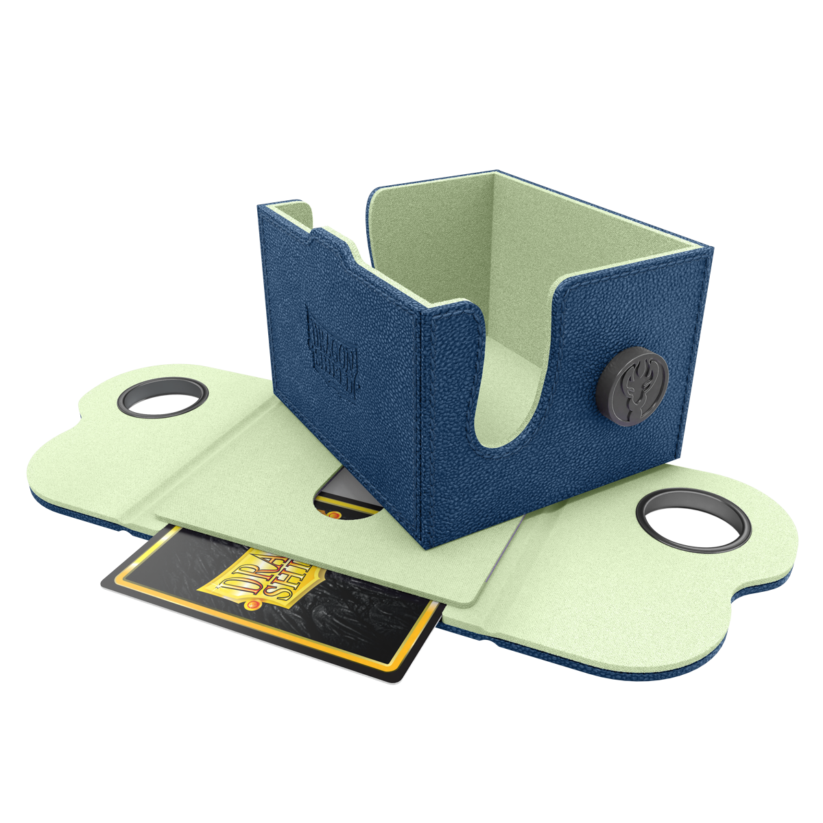 Dragon Shield Dragon Lock System: Deck Box 150+ - Blue & Mint (PREORDER) - Blue and mint rectangular deck box with magnetic lock and soft interior, holding gaming cards.